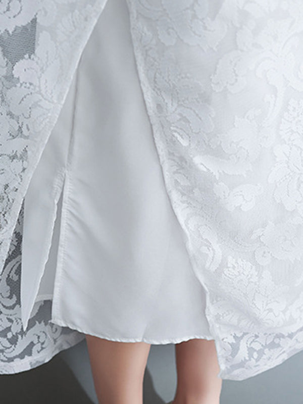 A-line Loose Lacy See-through Color Split-side Round-neck Midi Dresses