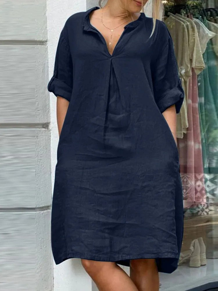 Long Sleeves V Neck Cotton-blend Midi Dress