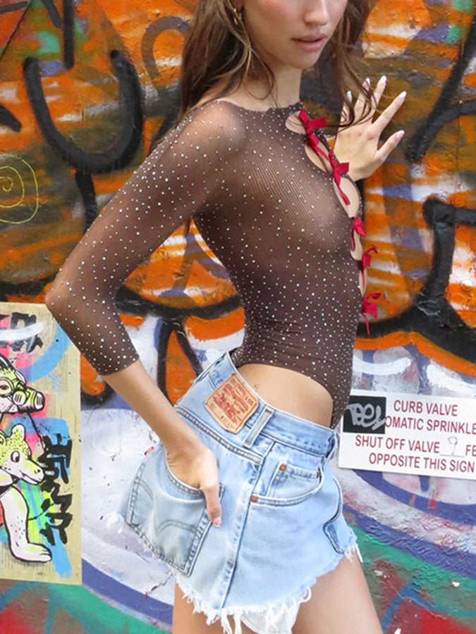 High-elastic Knitted See-through Bow Cutout Jumpsuit