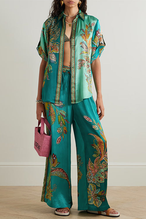 Roll Up Short Sleeves Shirt and Wide Leg Pants Printed Satin Set