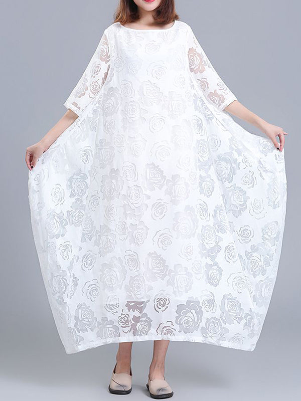 A-line Half Sleeves Flower Print See-through Color Round-neck Midi Dresses