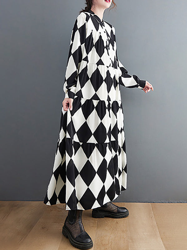 A-line Long Sleeves Buttoned Plaid Polo Midi Dresses