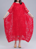 A-line Half Sleeves Flower Print See-through Color Round-neck Midi Dresses