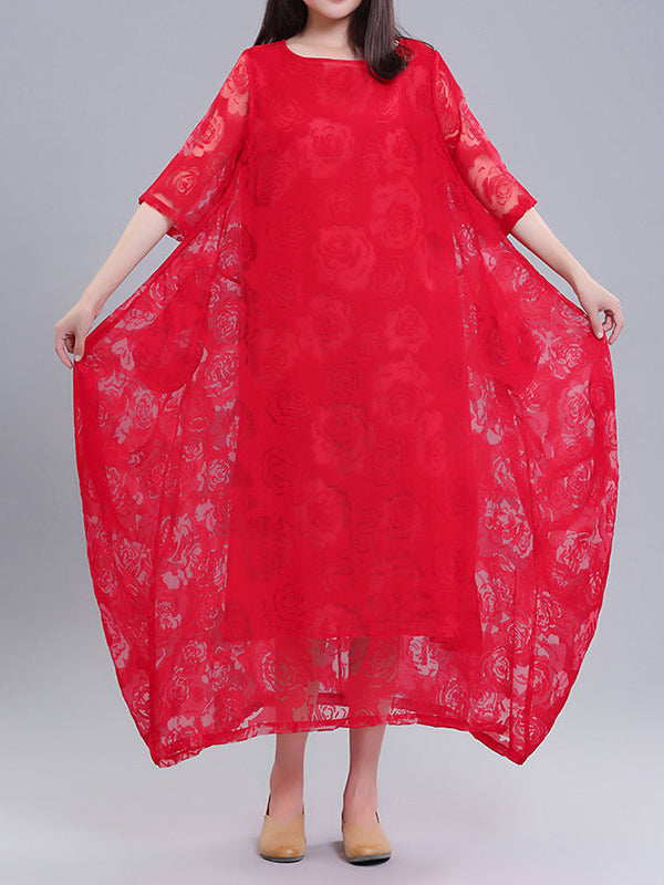 A-line Half Sleeves Flower Print See-through Color Round-neck Midi Dresses