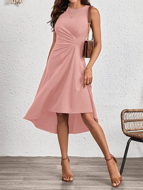 A-line High Waisted Asymmetric Pleated Color Split-joint Round-neck Midi Dresses