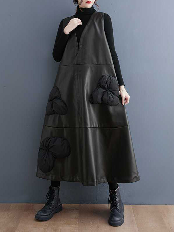 A-line Loose Flower-embellished Split-joint V-neck Midi Dresses