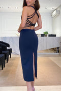 Design Back Lace-up Slit Stretch Party Midi Dress