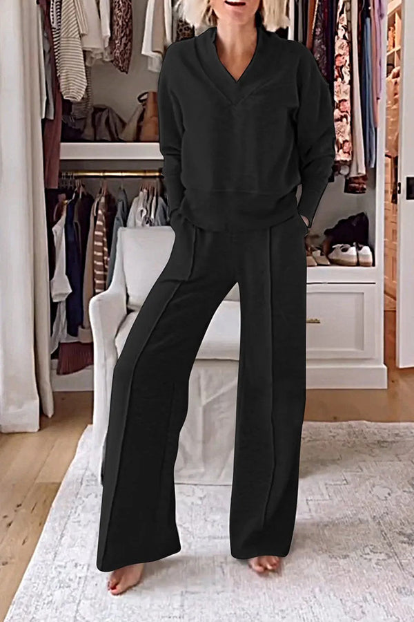 Weather Gets Cold Color V-neck Top and Elastic Waist Pocketed Lounge Pants Set