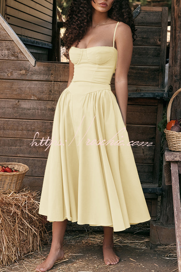 Color Buttonless Bandeau Side Pocket Midi Dress