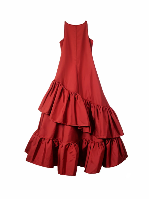 A-line Loose Double Layered Pleated Color Split-joint Zipper Cold Shoulder Midi Dresses