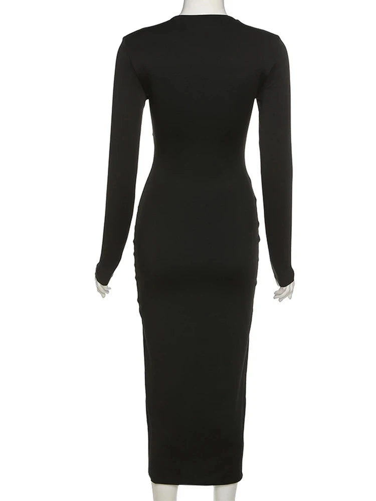 Autumn Crossed Cleavage Maxi Dress Concise Side Spilt Vestido Lady High Street Bodycon Slim Robe Skirt