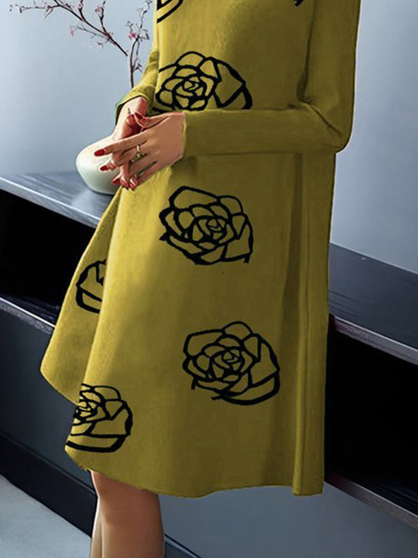 A-line Long Sleeves Flower Print Mock Neck Midi Dresses