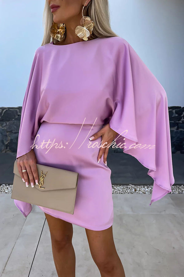 Wings Satin Butterfly Sleeves Elastic Waist Formal Mini Dress