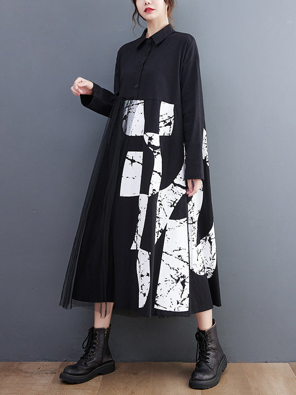 Long Sleeves Loose Contrast Color Split-joint Lapel Collar Midi Dresses