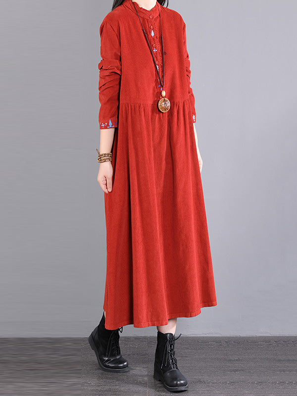Corduroy Long Sleeves A-line Embroidered Round-neck Midi Dresses