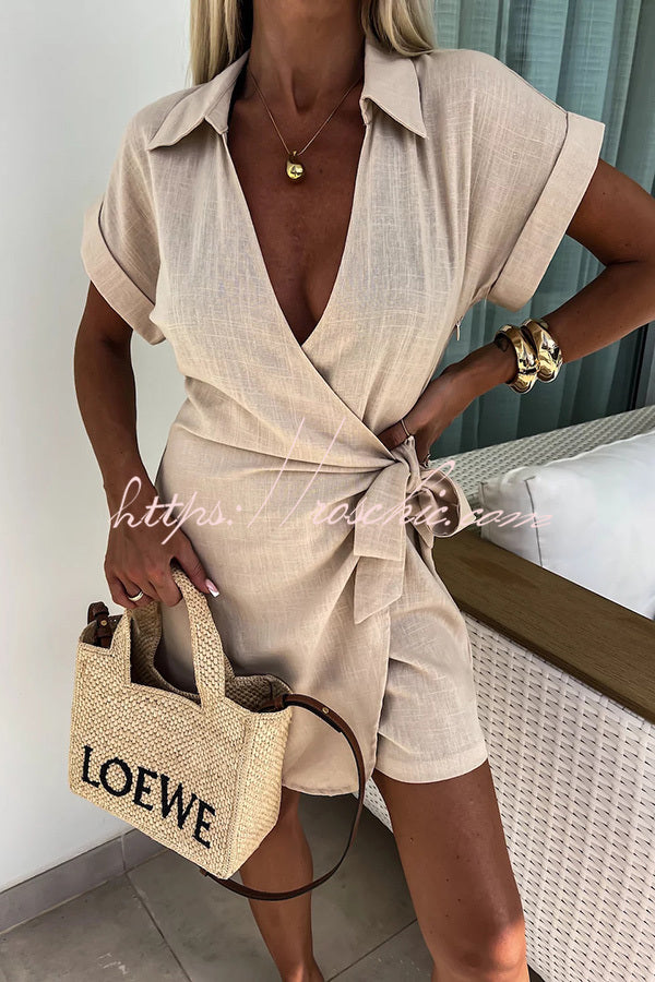 Relaxing Beach Linen Blend Color Wrap Loose Shirt Romper