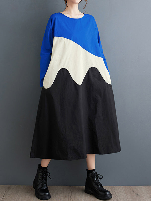 A-line Long Sleeves Asymmetric Contrast Color Split-joint Round-neck Midi Dresses