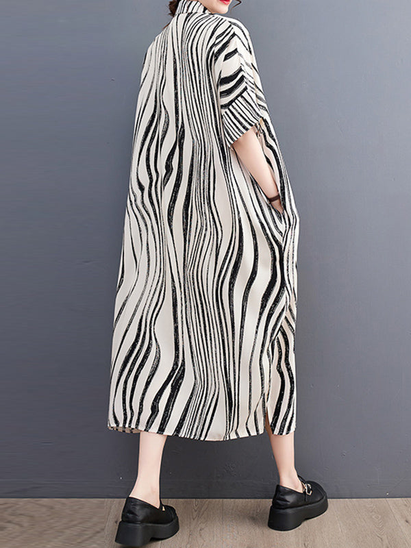 Raglan Sleeve Oversize Zebra-stripe Split-joint Lapel Midi Dresses Shirt Dress