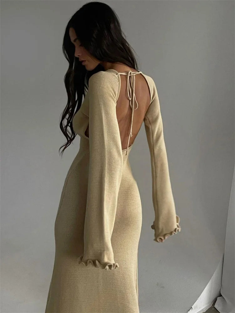 Ruffled Backless Knit Dress Female Lace-up High Waist Long Sleeve Maxi Dress Knitwear Bandage Dress