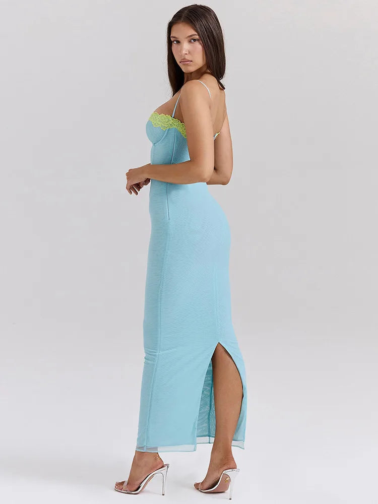 Lace Spaghetti Strap Bodycon Maxi Dress Gown Patchwork Sleeveless Backless Club Party Dress