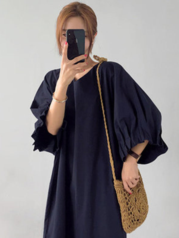 Causal Pleated Raglan Sleeve V-neck Midi Dress