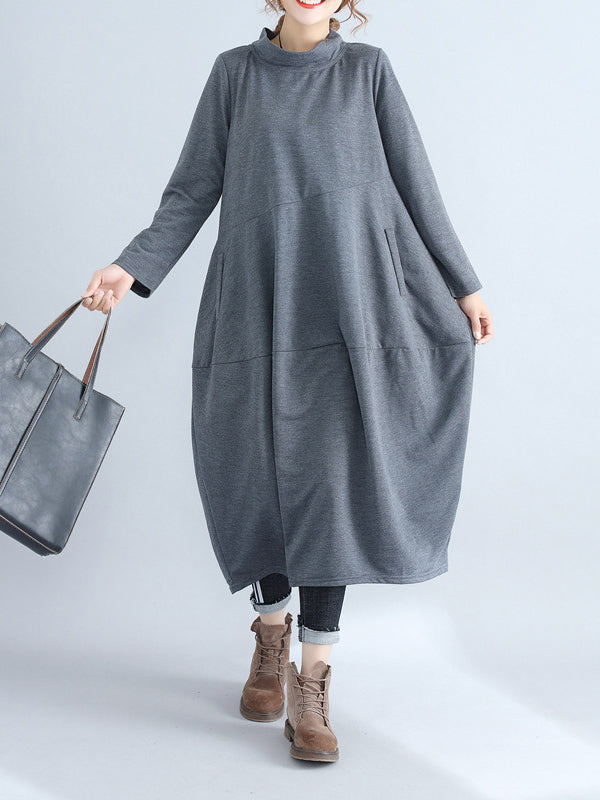 Loose Color Hooded Midi Dresses