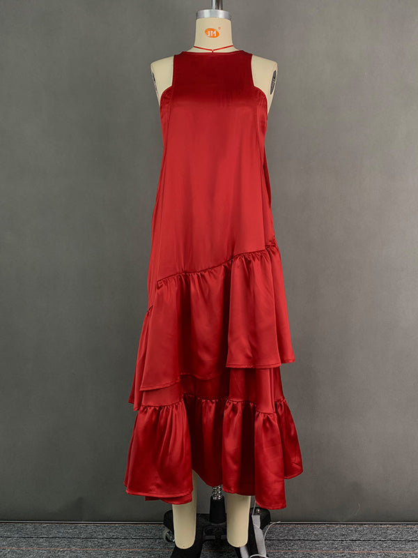 A-line Loose Double Layered Pleated Color Split-joint Zipper Cold Shoulder Midi Dresses