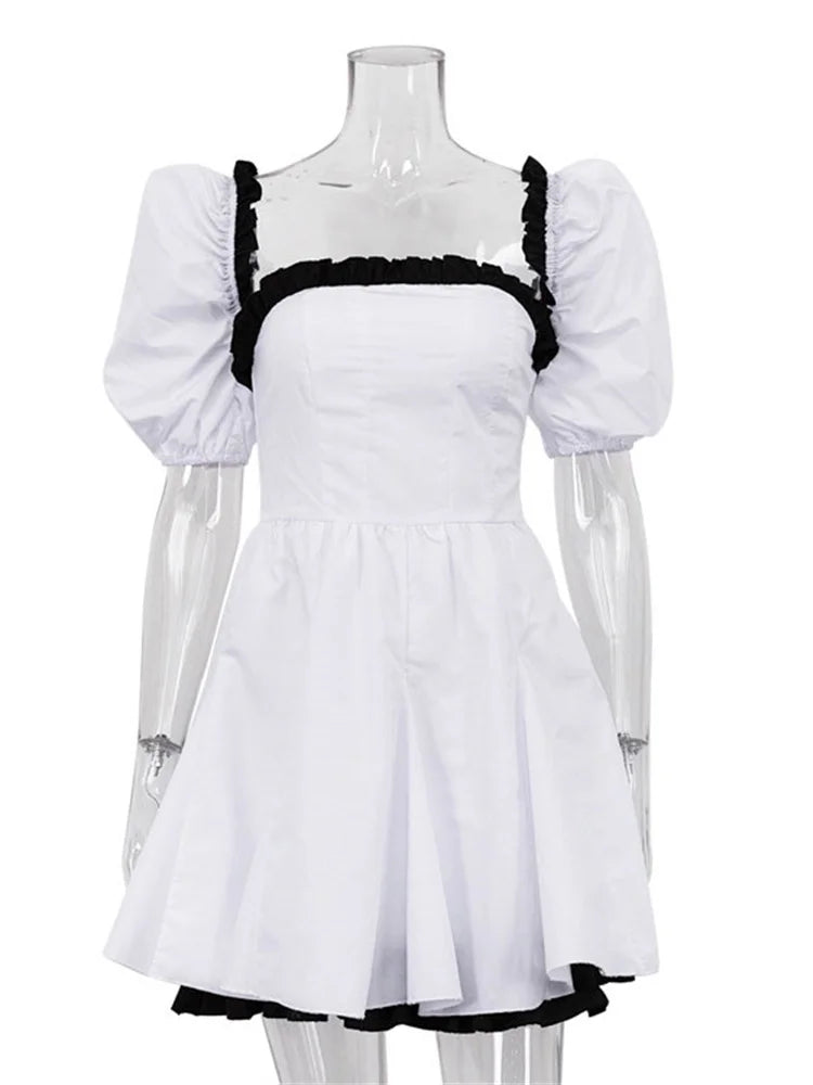 Female Contrast Patchwork Mini Dress Short Sleeve Slim High Street Holiday Dress Party Gown Ruffled Dress