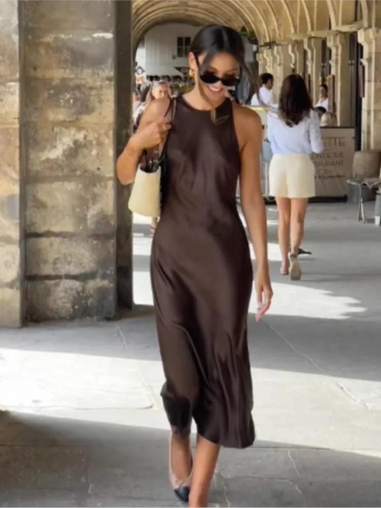 ’s Satin Sleeveless Midi Dress Color O Neck Slim Fit Dresses Female Stylish Street Party Vestido