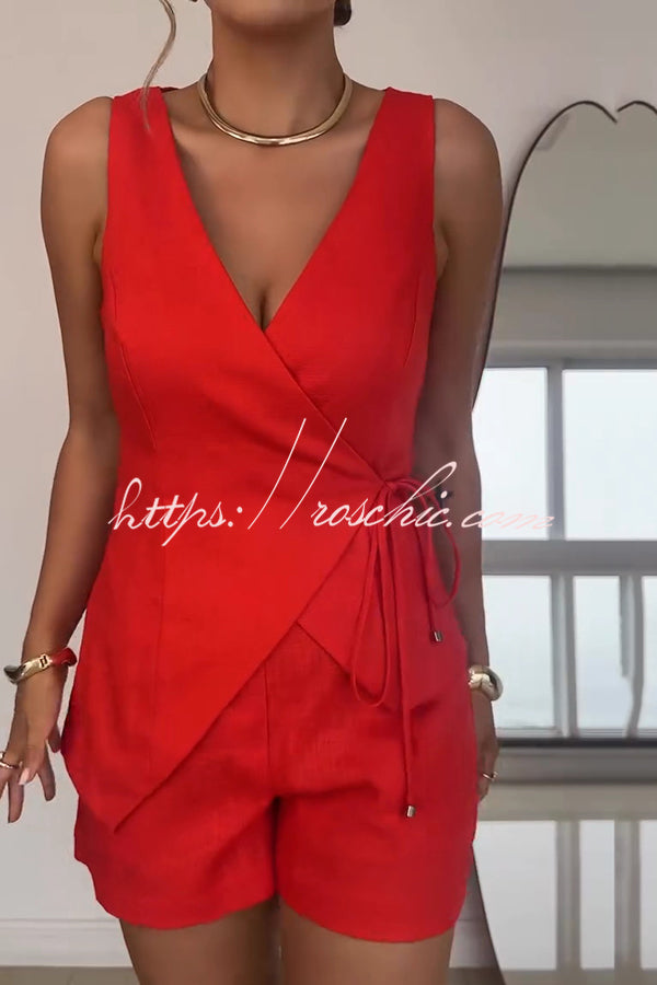 Color Sleeveless V-neck Top and Loose Shorts Set