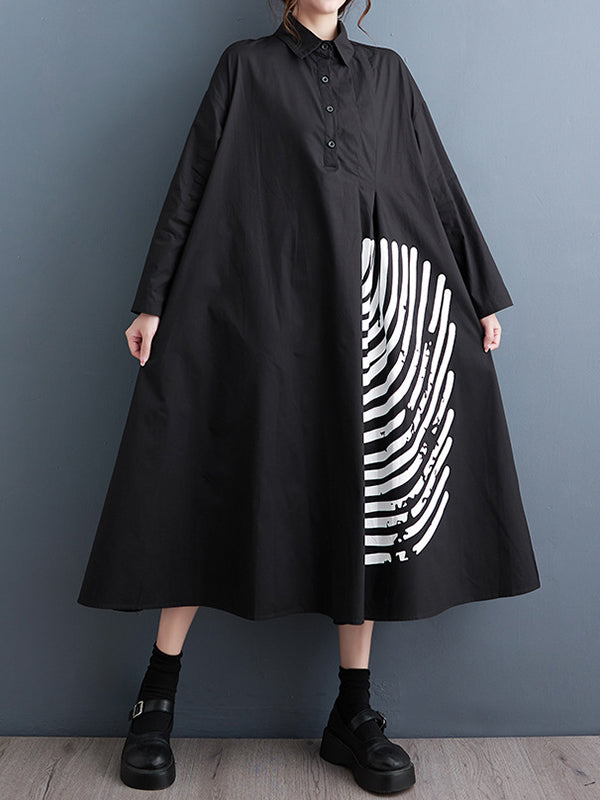 A-line Long Sleeves Asymmetric Buttoned Pleated Printed Split-joint Lapel Midi Dresses Shirt Dress
