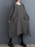 Long Sleeves Loose Pockets Printed Split-joint Split-side Round-neck Midi Dresses