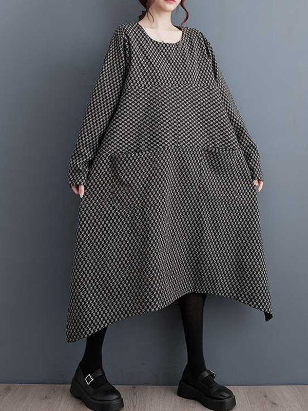Long Sleeves Loose Pockets Printed Split-joint Split-side Round-neck Midi Dresses