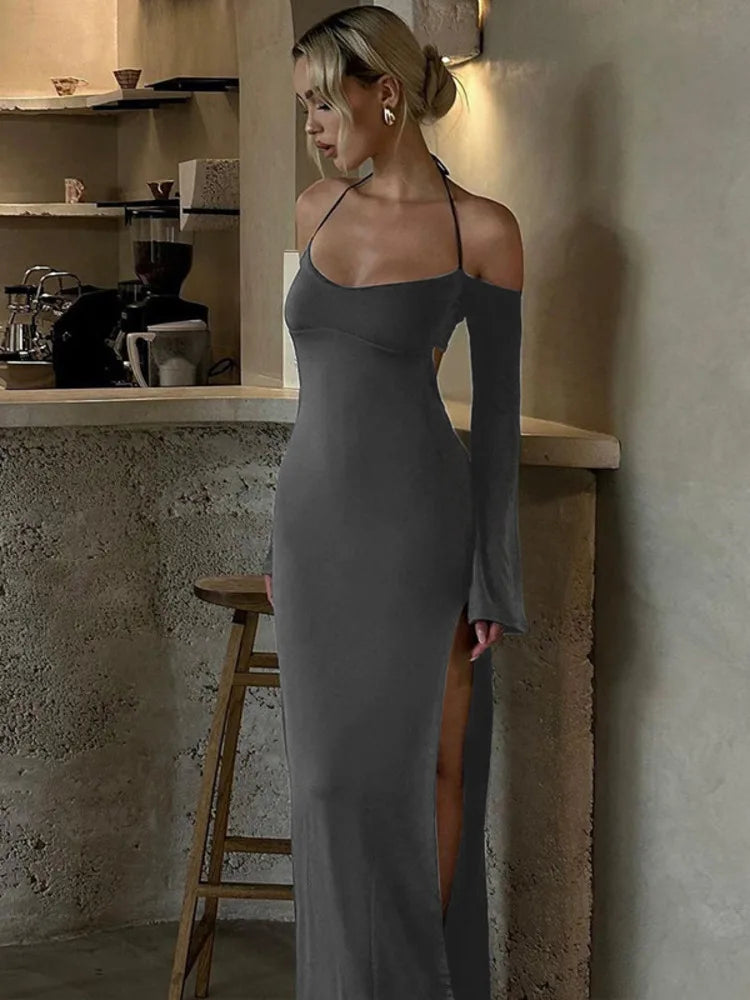 Backless Split Hollow Out Long Sleeve Dress Lace Up Bodycon Maxi Dress Party Club Evening Dress New