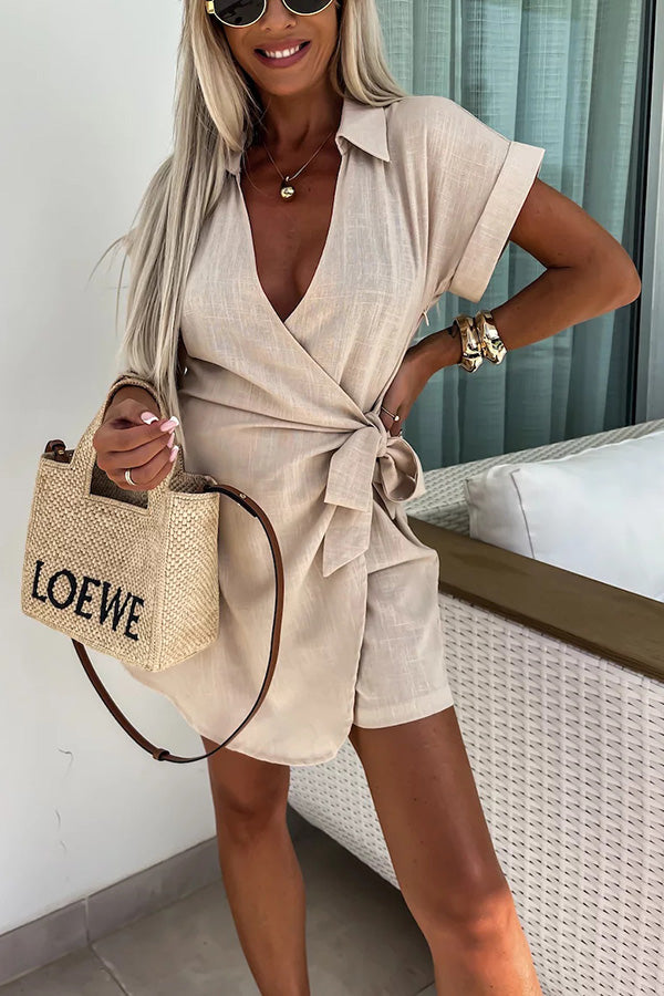 Relaxing Beach Linen Blend Color Wrap Loose Shirt Romper