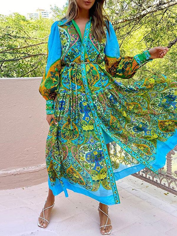 High Waisted Loose Puff Sleeves Belted Printed Lapel Midi Dresses