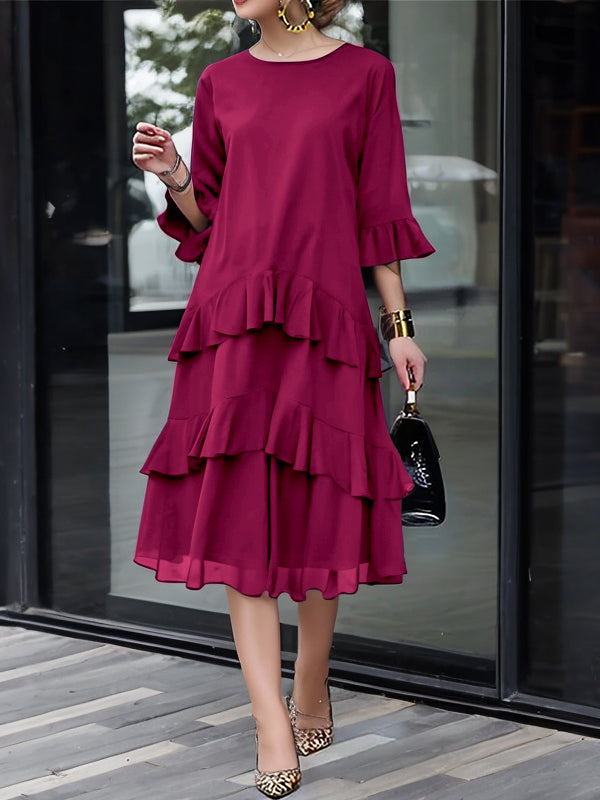 Half Sleeves Loose Layered Ruffle Trim Color Zipper Round-neck Midi Dresses
