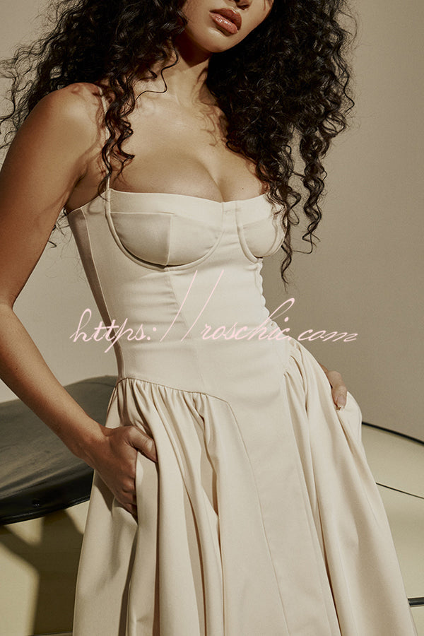 Color Slim Fit Suspender Pocket Midi Dress