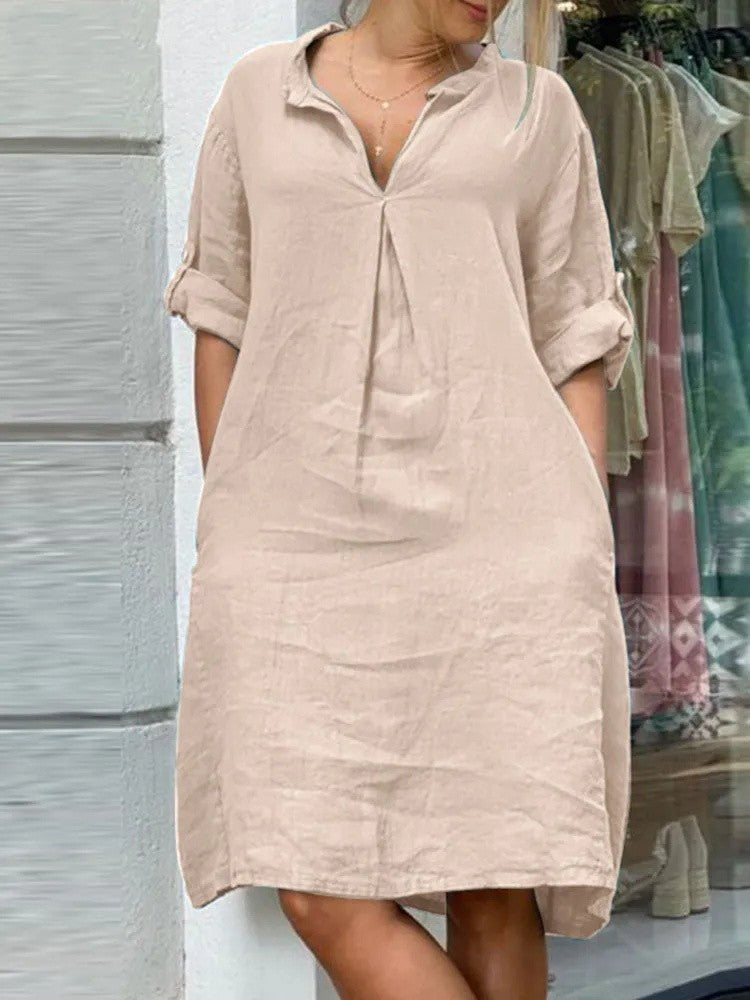 Long Sleeves V Neck Cotton-blend Midi Dress