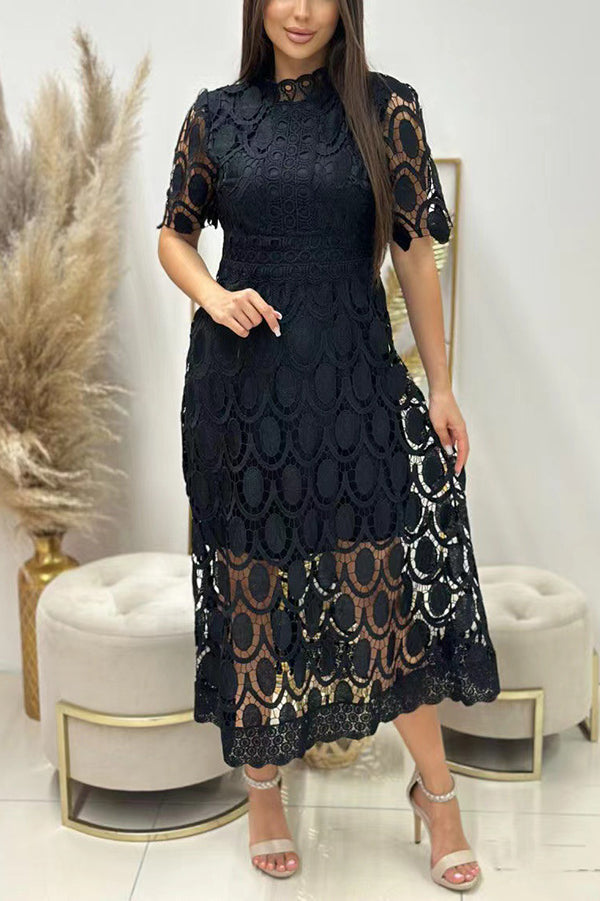 Crocheted Cutout Lace Short-sleeved Stand-collar Midi Dress