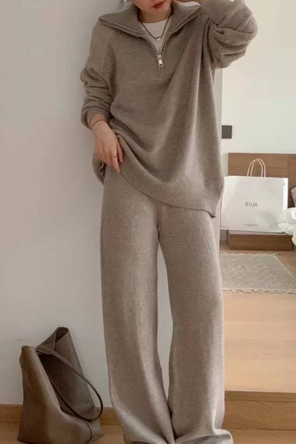 Lapel Sweater and Wide-leg Pants Two-piece Suit