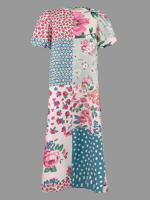 Half Sleeves Loose Flower Print Polka-dot Round-neck Midi Dresses
