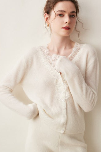 Cashmere Lace-trimmed V-neck Knit Cardigan