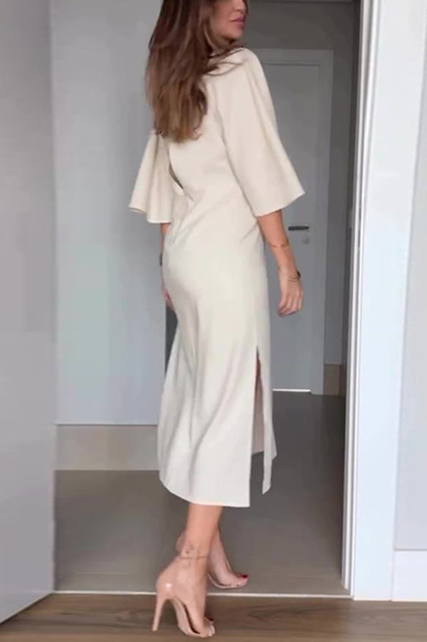 Color V-neck Half-sleeve Waist-tied Midi Dress
