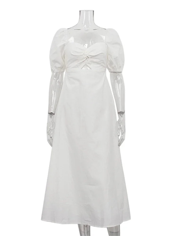 Square Neck Hollow Out White Long Dress for Twist Short Sleeve High Waist Autumn Party Dress ’s Clothes