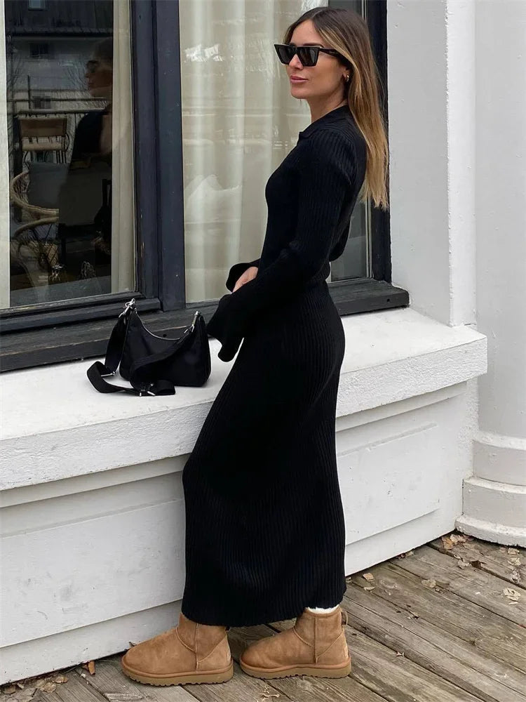 Striped V-neck Knit Maxi Dress for Ribbed Patchwork Slim Long Sleeve Party Dress Loose Knitwear Long Dress