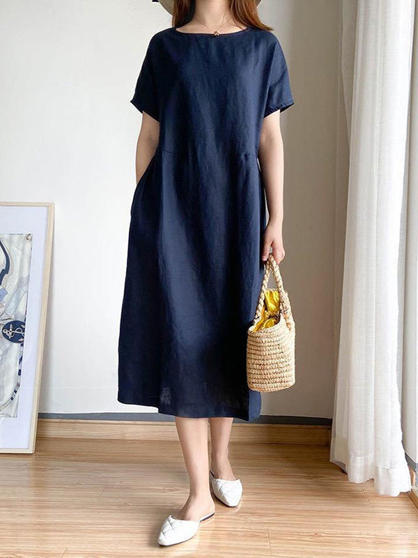 Loose Color Round-neck Midi Dresses