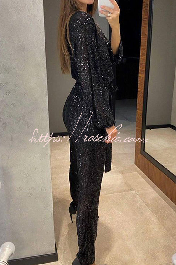Cheers to You Sequin Long Sleeve Belted Wrap Loose Jumpsuit