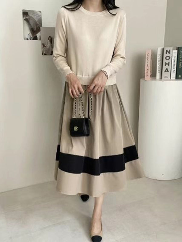 A-line Long Sleeves Pleated Split-joint Round-neck Midi Dresses