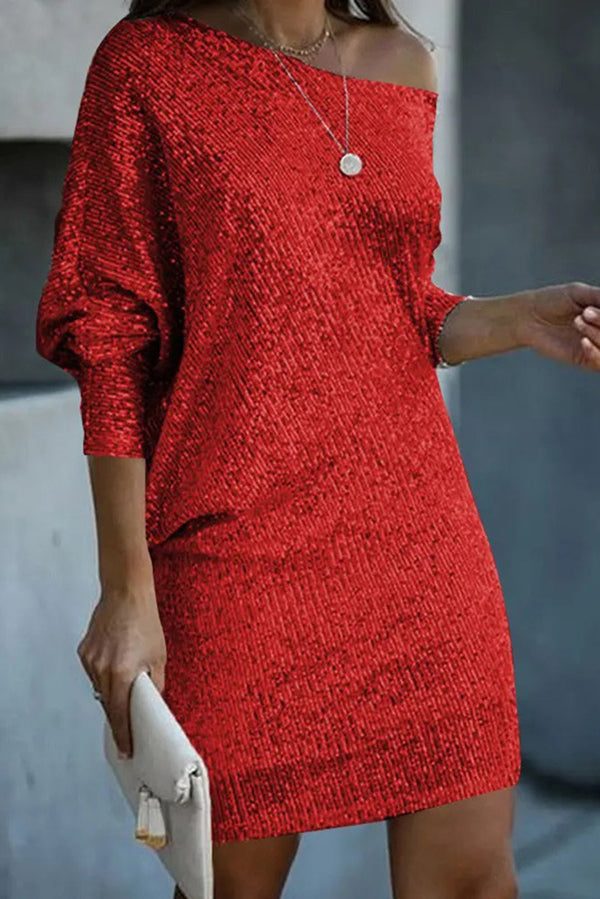 Sequined Off-shoulder Loose Mini Dress